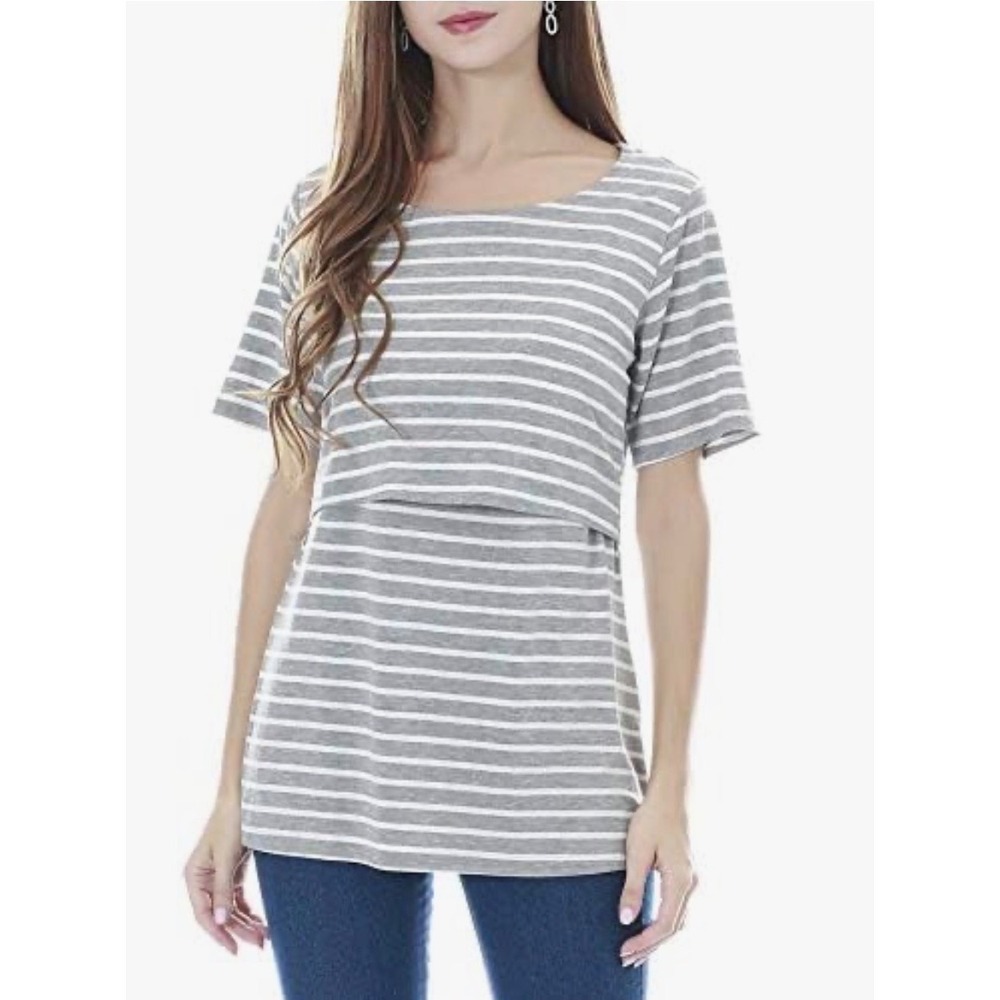 Smallshow Nursing Top Grey White Striped Short Sleeve Maternity  M